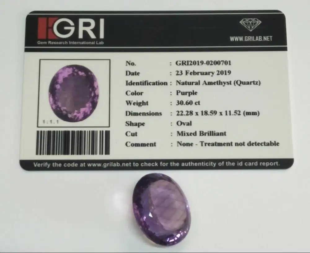 30,60 carat Natural Amethyst Uruguay Bersertifikat Memo GRI Lab