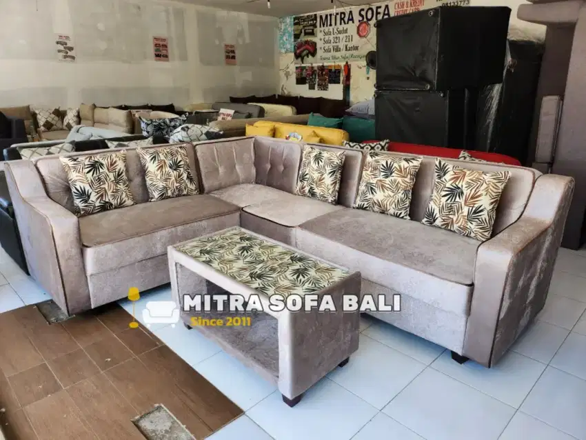 Sofa sudut L warna abù2 tua+ meja bunus bantal 5