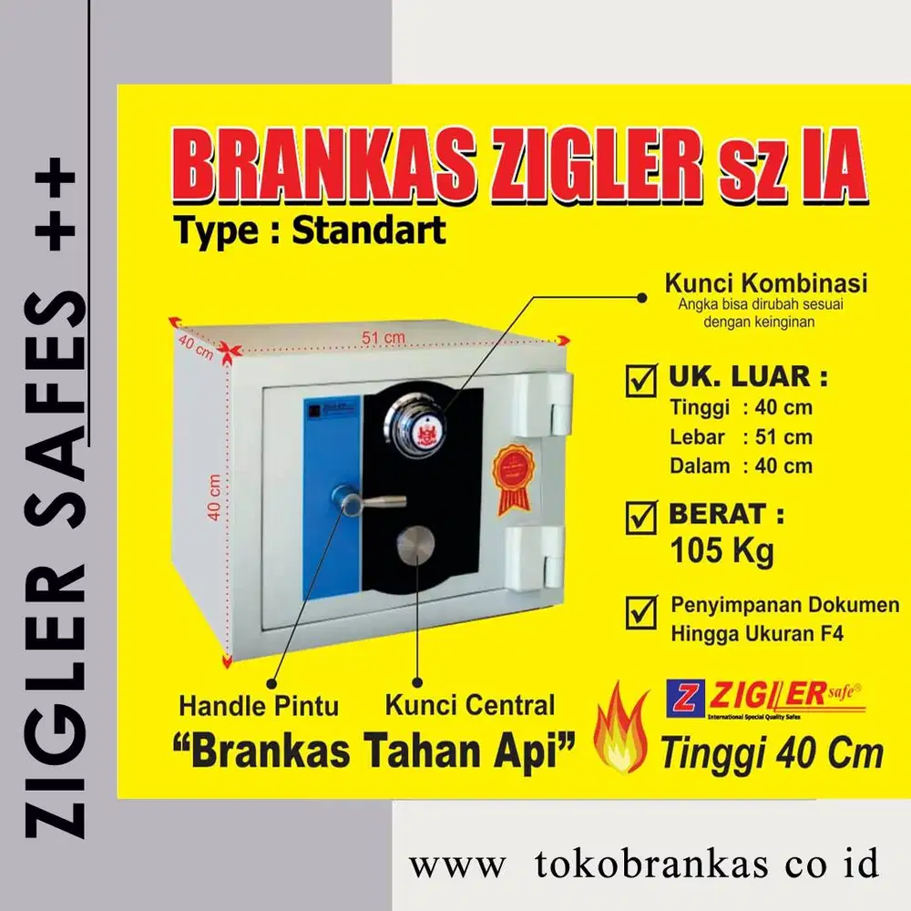 Lemari besi Tahan Api (Brankas Tinggi 40) Zigler Size 1A Garansi 5 Th