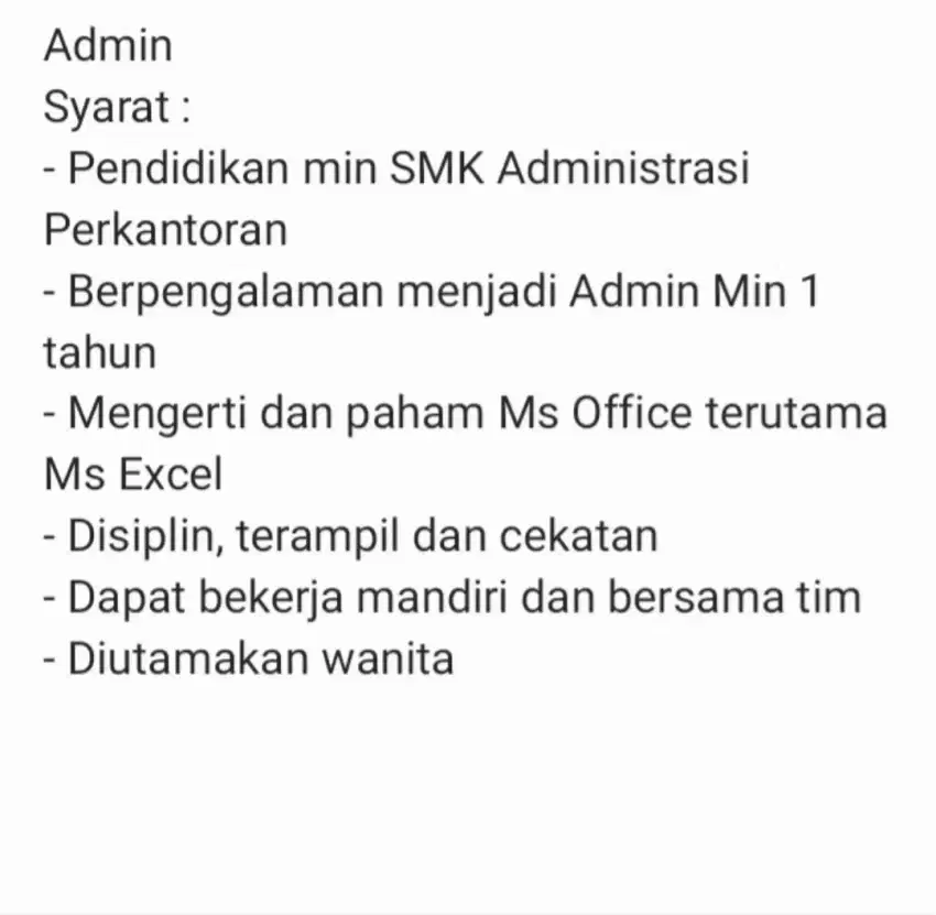 Dicari Staff admin untuk penjualan