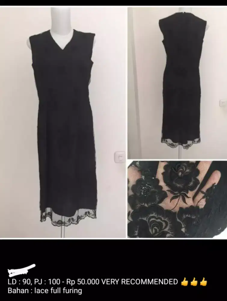Dress hitam lace brokat full furing