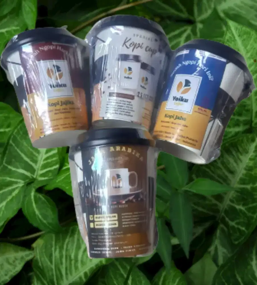 Kopi bubuk kopi hitam cup Yoiku Coffee bonus gula dan krimer