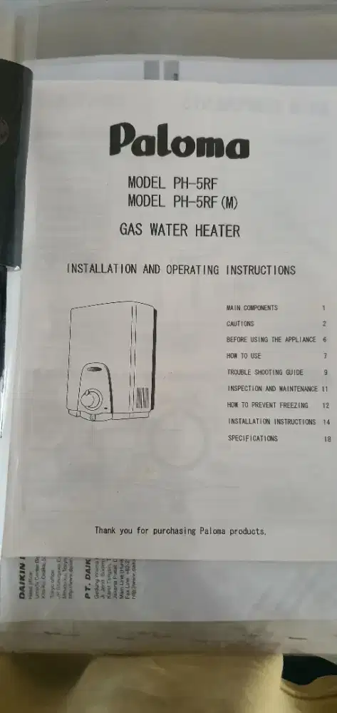 Paloma pemanas air | water heater gas lpg | ph 5 rf (made in japan)