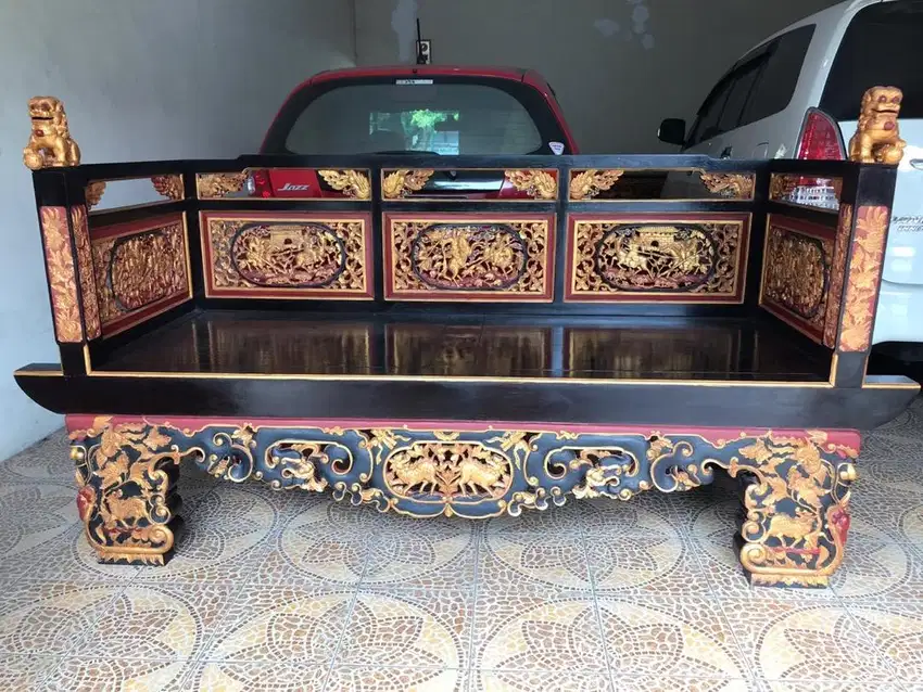 Dijual Bangku Ukir Motif Panglima Perang Kwan Kong Full Kayu Jati Tua