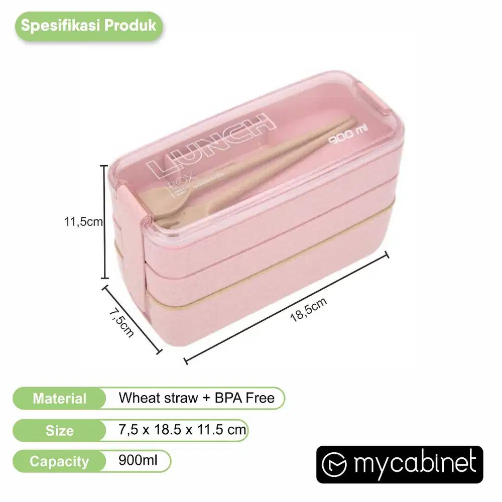 Kotak Makan 3 Layer Healthy Bento Lunch Box 900ml with Spoon & Fork