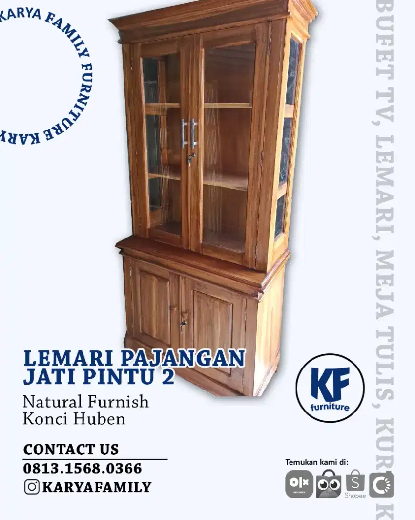 Lemari pajangan/buku kaca Jati