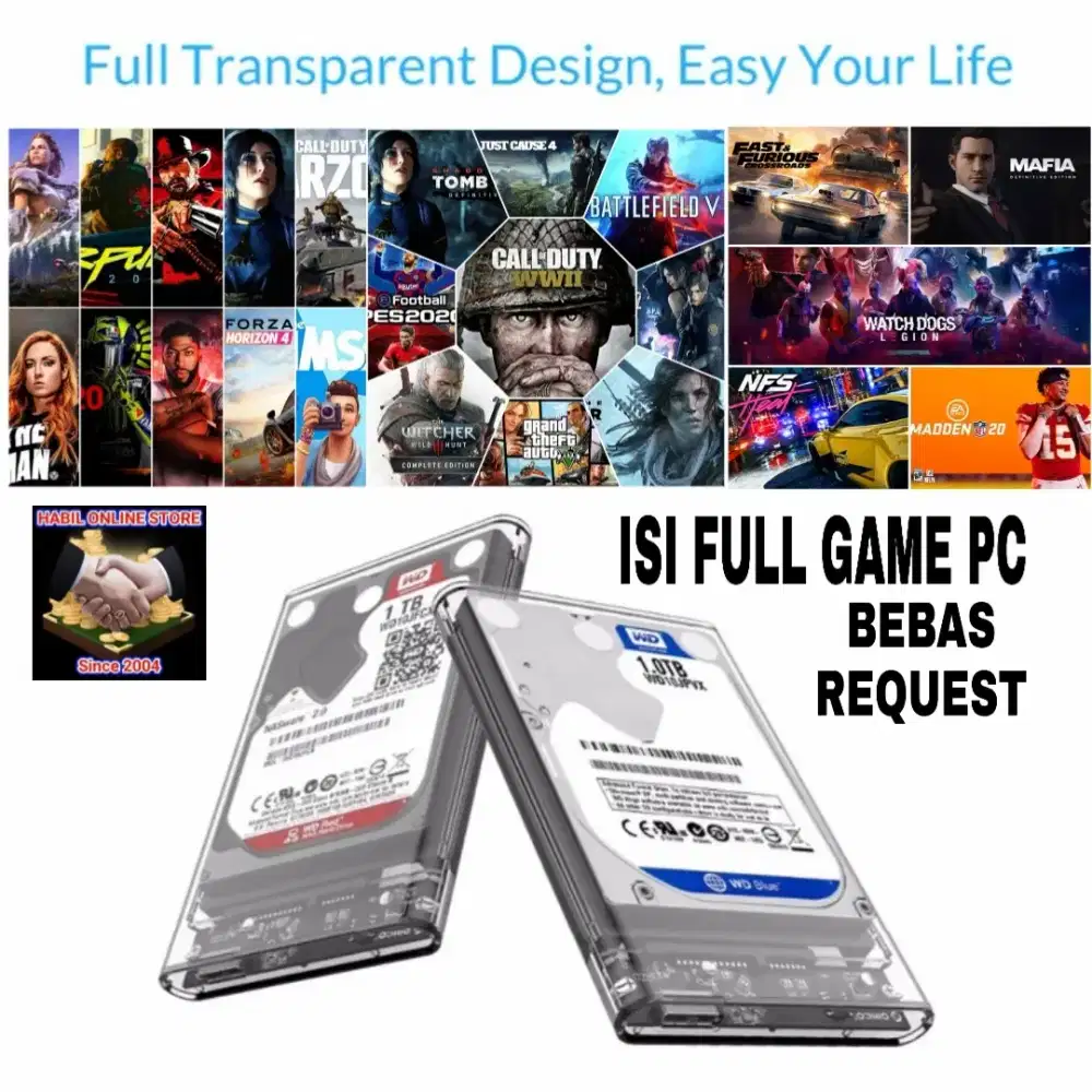 Harddisk Eksternal Transparent 2TB 1TB 500GB 320GB Isi Game PC