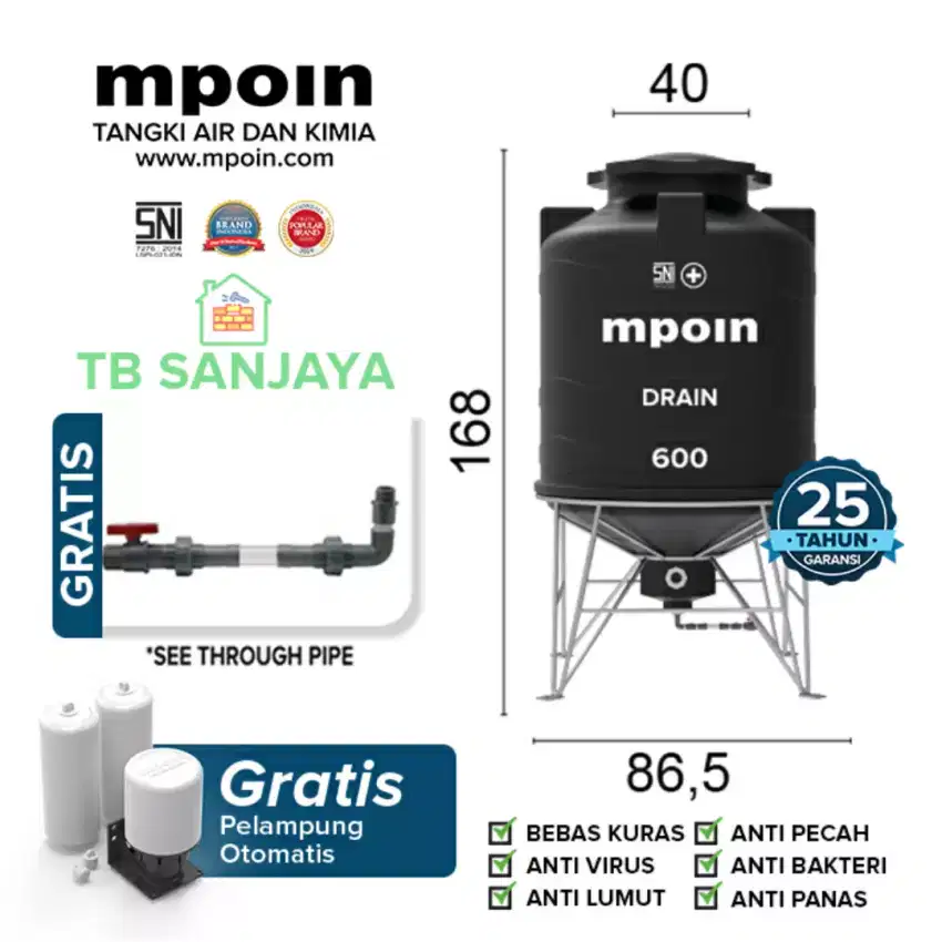 Tandon air/toren air/tangki air SNI MPOIN PLUS DRAIN 550 L warna hitam