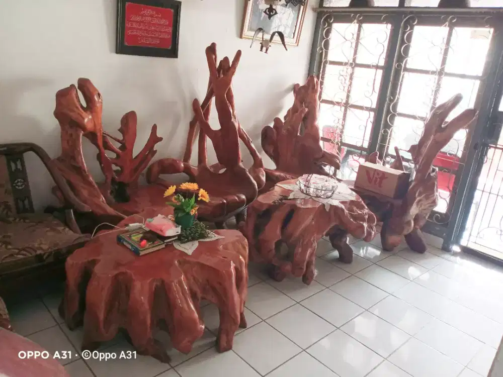 Dua Set Meja Kursi Gembol Akar Kayu Jati