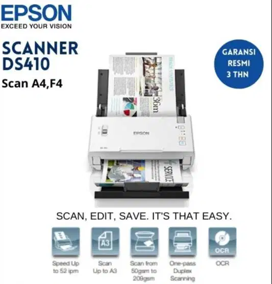 Scanner Epson DS-410 bisa scan sampai kertas A3. Garansi Gratis Antar