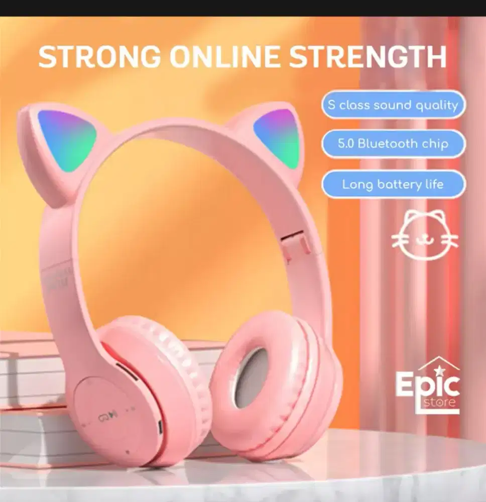 Headphone Bluetooth NEW LED CAT Earphone (mic + tlp) Led Light Ear