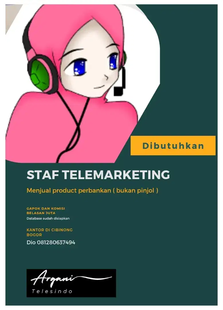 Dibutuhkan Staf Telemarketing ( gapok 1,2 jt-1,5 jt ), + komisi besar.