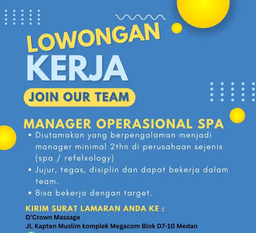 Manager operasional untuk hotel and spa  di kota medan