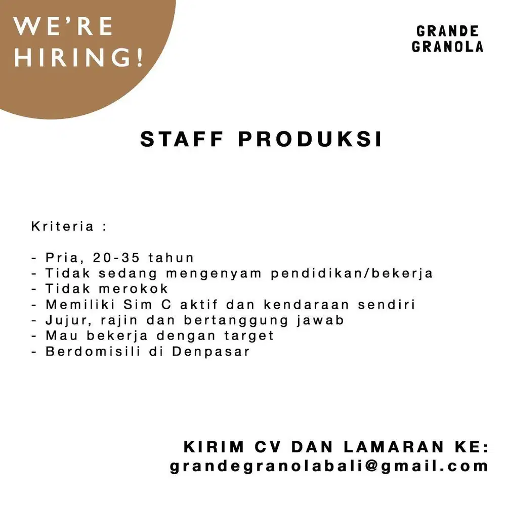 Dicari tim Produksi untuk Grande Granola