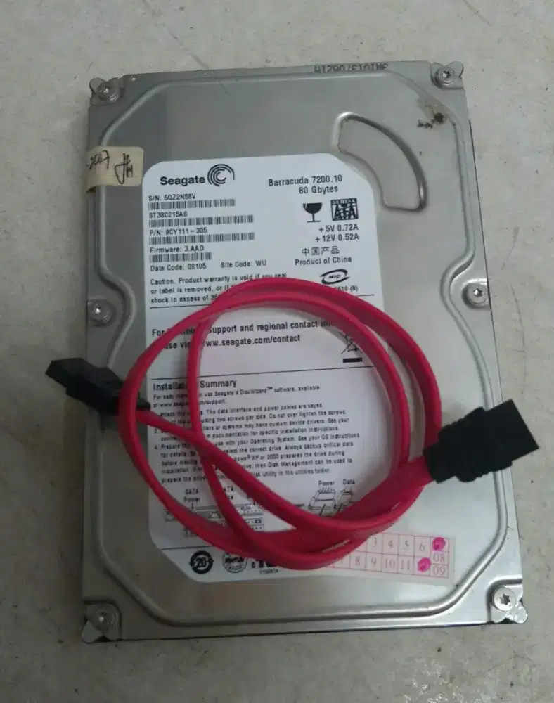 HDD PC komputer 3,5 inc Seagate 80 GB sata dan kabel SATA.