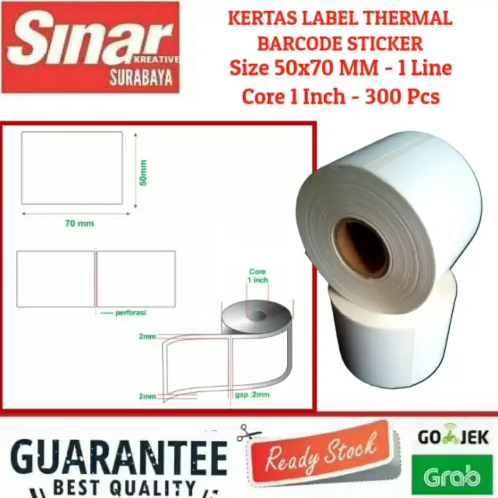KERTAS LABEL THERMAL BARCODE STICKER RESI 50x70mm 300 Pcs Core 1 inch