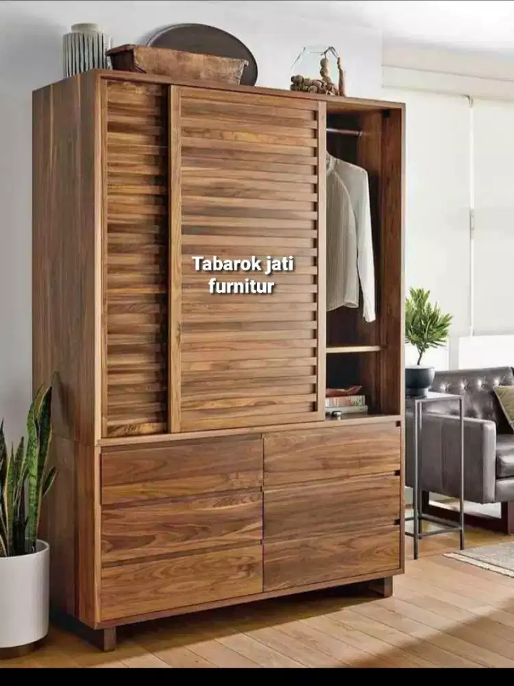 Lemari pakaian minimalis pintu2 modern,laci 6, bahan kayu jati tua
