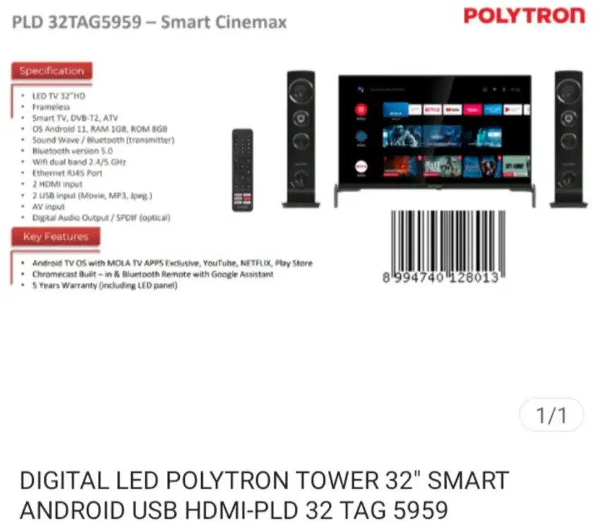 LED TV POLYTRON SMART ANDROID PLD32TAG9855