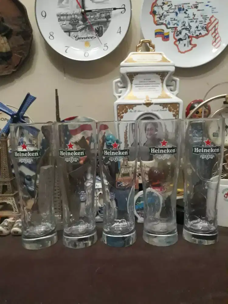 Antik vintage borongan 5 pcs gelas bir tinggi heineken logo timbul ori