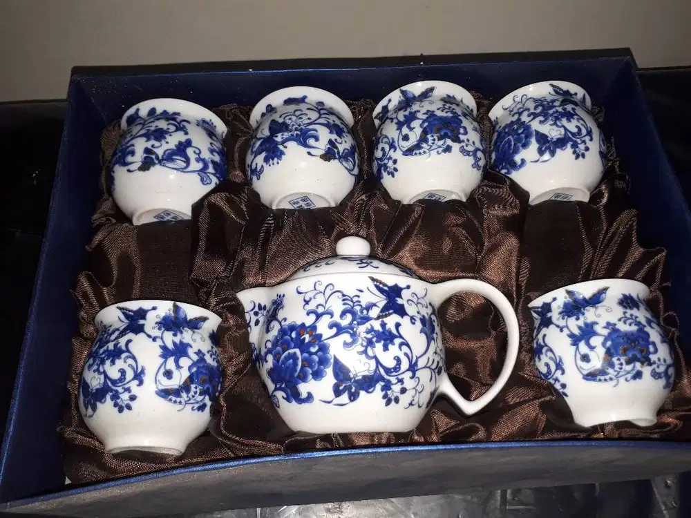 Tea Set Blue Flower Ceramic (P4D) 1 Teapot&Lid +6 Cup Teko Gelas Teh