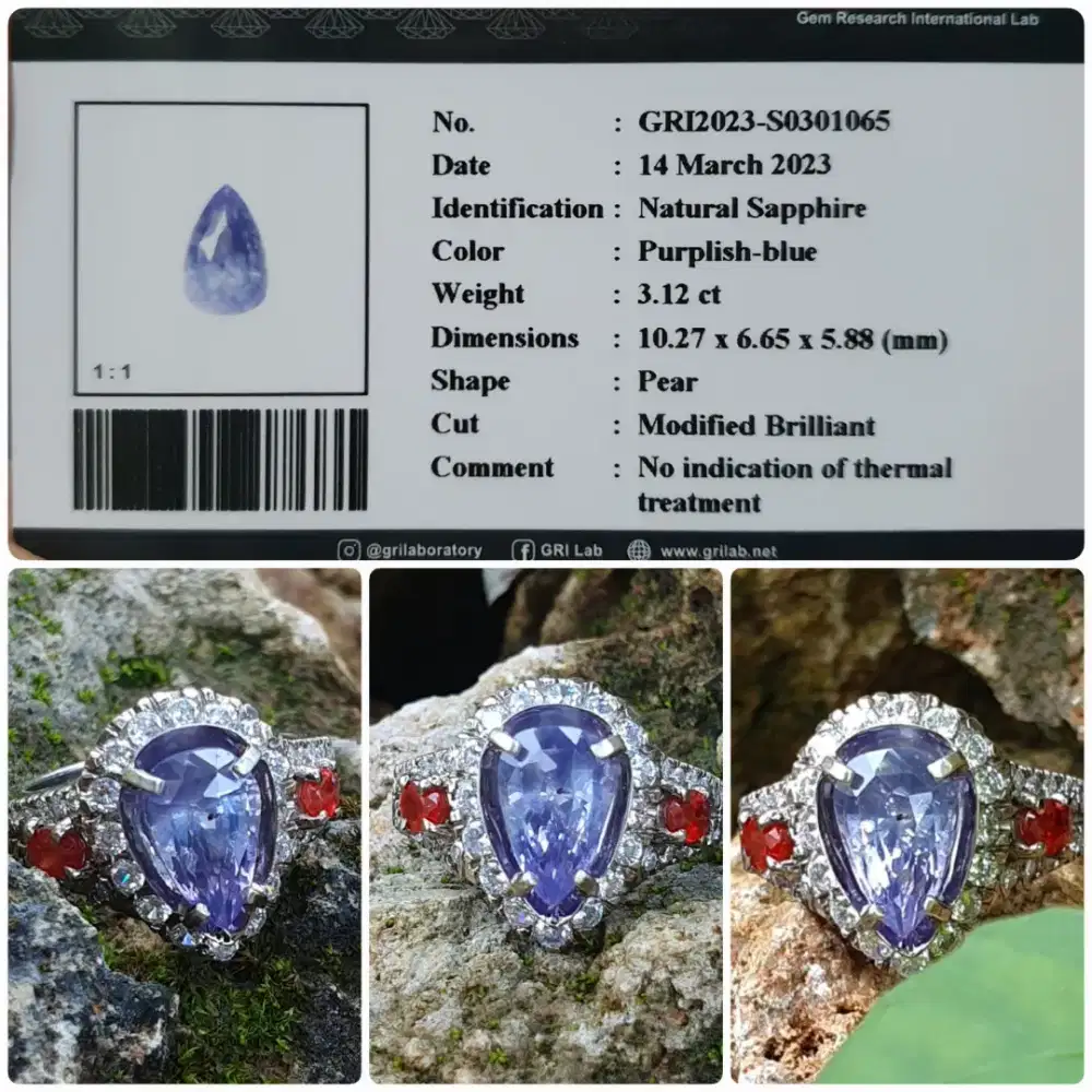 Natural Blue Sapphire 3.12 ct Noheated Srilanka memo GRI ring perak Hm