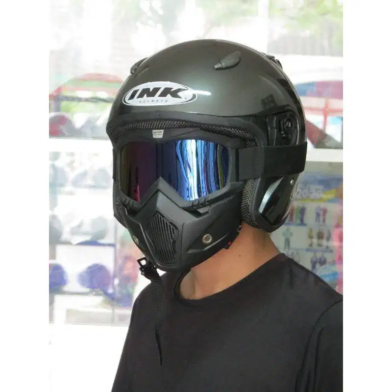 Kacamata Masker Helm Retro Goggle Mask Black Blue Goggle Serbaguna