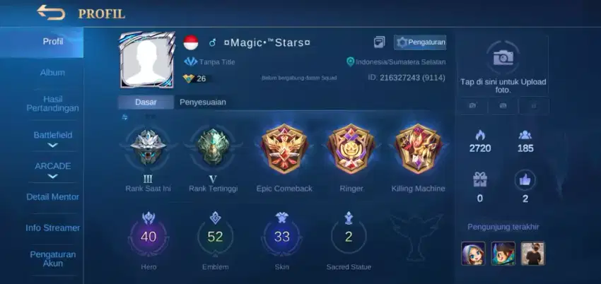 AKUN MOBILE LEGENDS SKIN 33 HERO 40