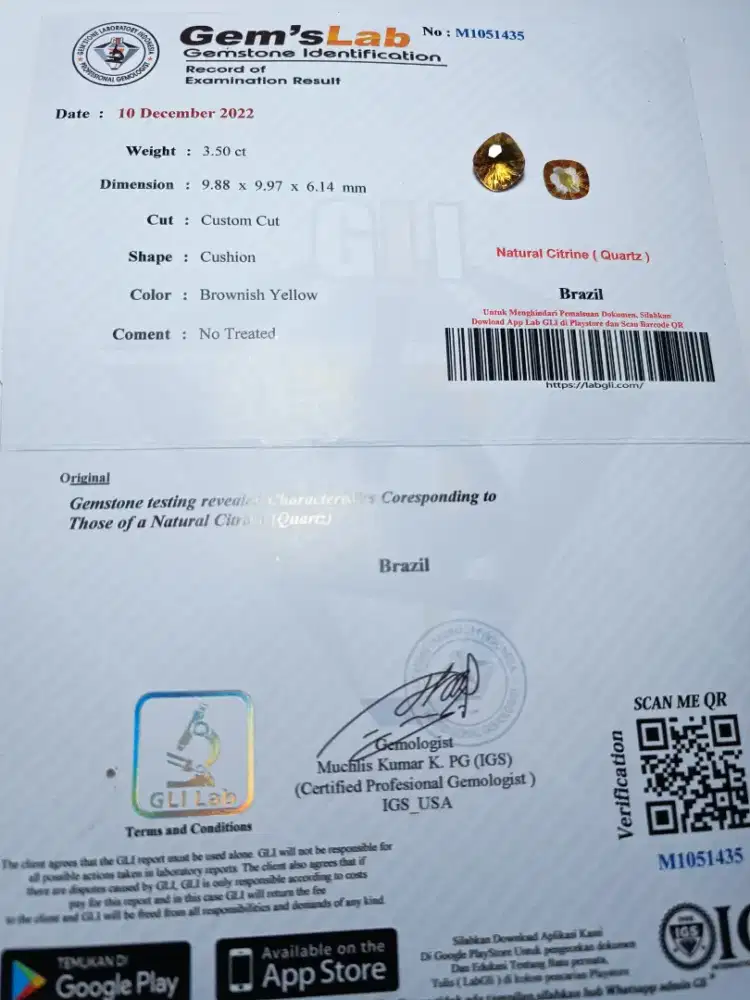 Natural Citrine Bersertifikat 3.50 Carat Bersertifikat
