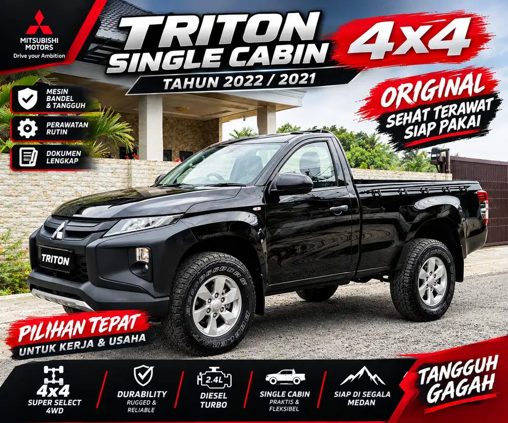 Original New Triton Single Cabin 2022/2021 (4x4) Tangguh Sehat
