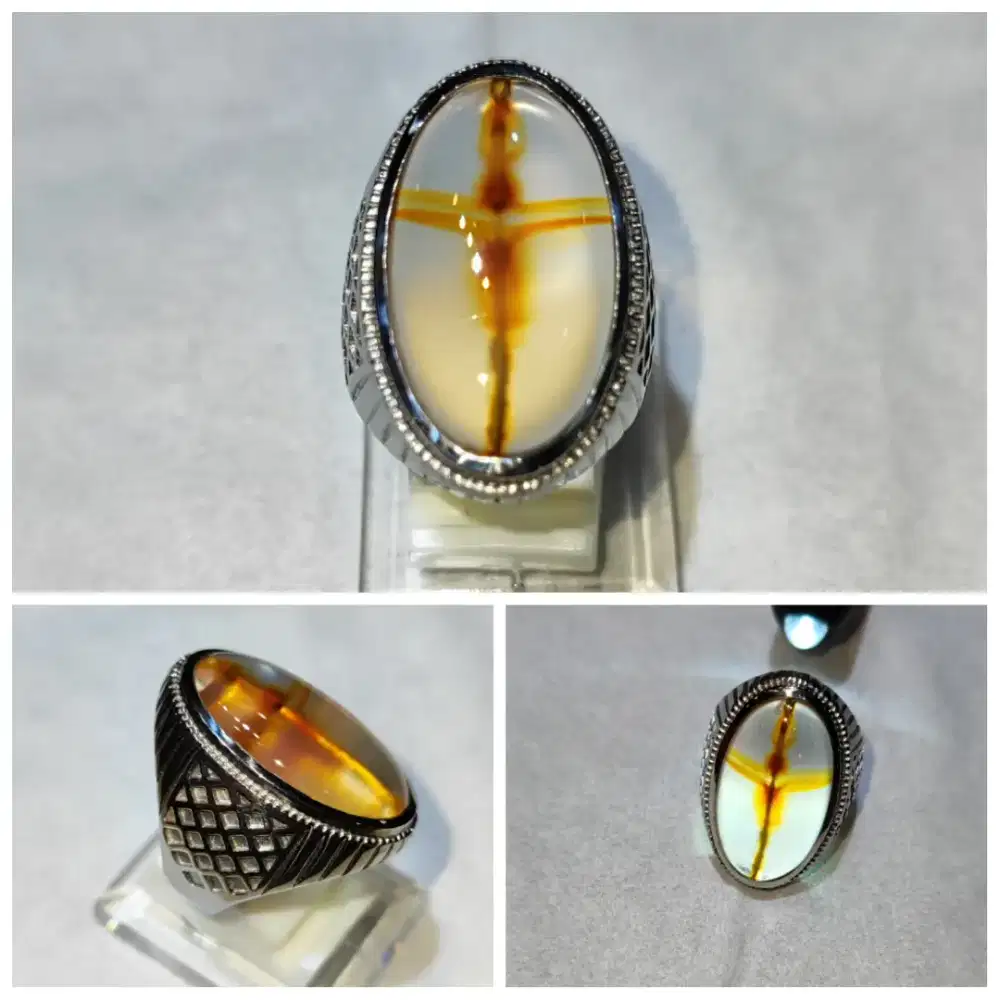 Cincin Batu Asli Motif Salib 100% Natural Koleksian Langka Antik