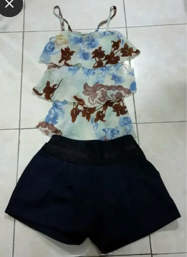 1 set tanktop flower & hotpant biru donker