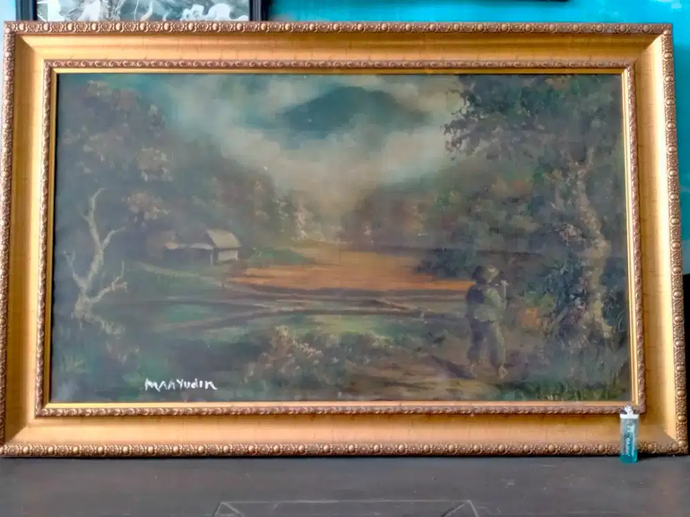 lukisan mahyudin  oil on kanvas pemandangan alam lawas.