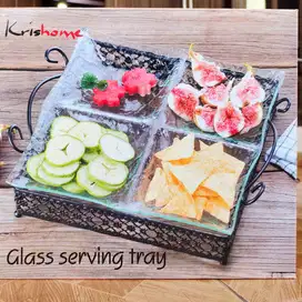 Square Glass Serving Tray Set(Glass Plate + Iron Tray) 30cm x 30cm