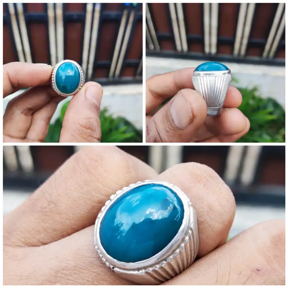 Cincin Batu Bacan Bluish Green Natural Ring Perak Size Ideal Mantap