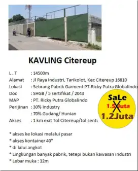 Dijual cepat 14500 meter kavling Citereup