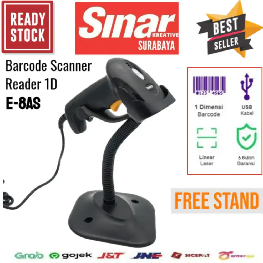 BARCODE SCANNER 1D LASER AUTOSCAN HIGH SENSOR E-8AS IWARE FREE STAND