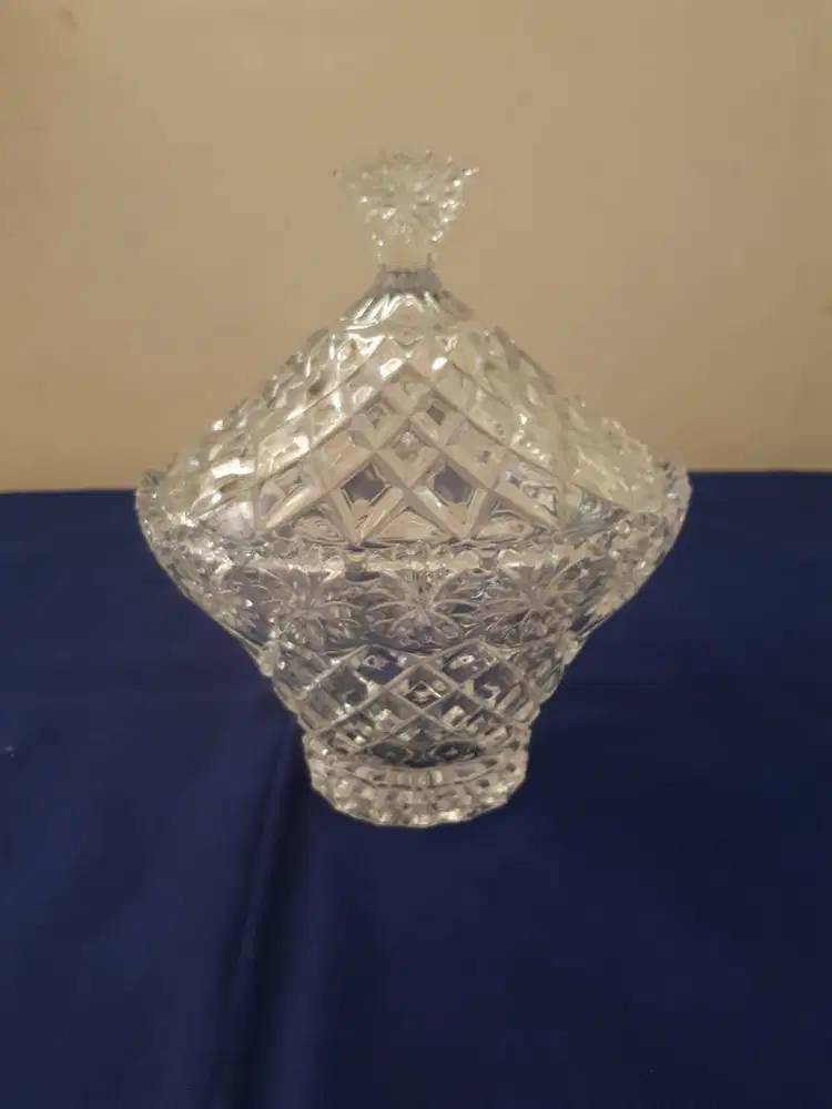 Oval Candy Jar + Cover, Clear 3-D Crystal Pattern (P-148) Wadah Permen