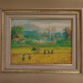 Hiasan dinding gambar sawah panen padi