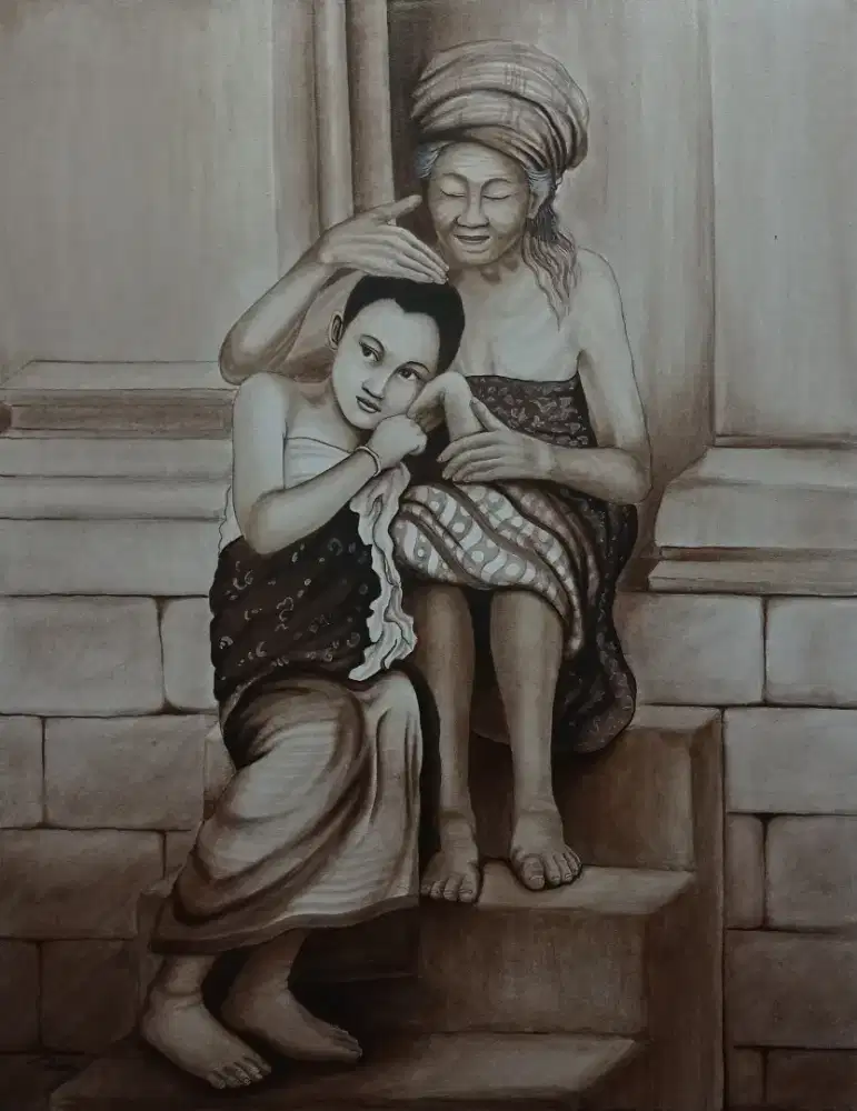 Lukisan kampung bali tehnik klasik asli buatan tangan diatas kanvas