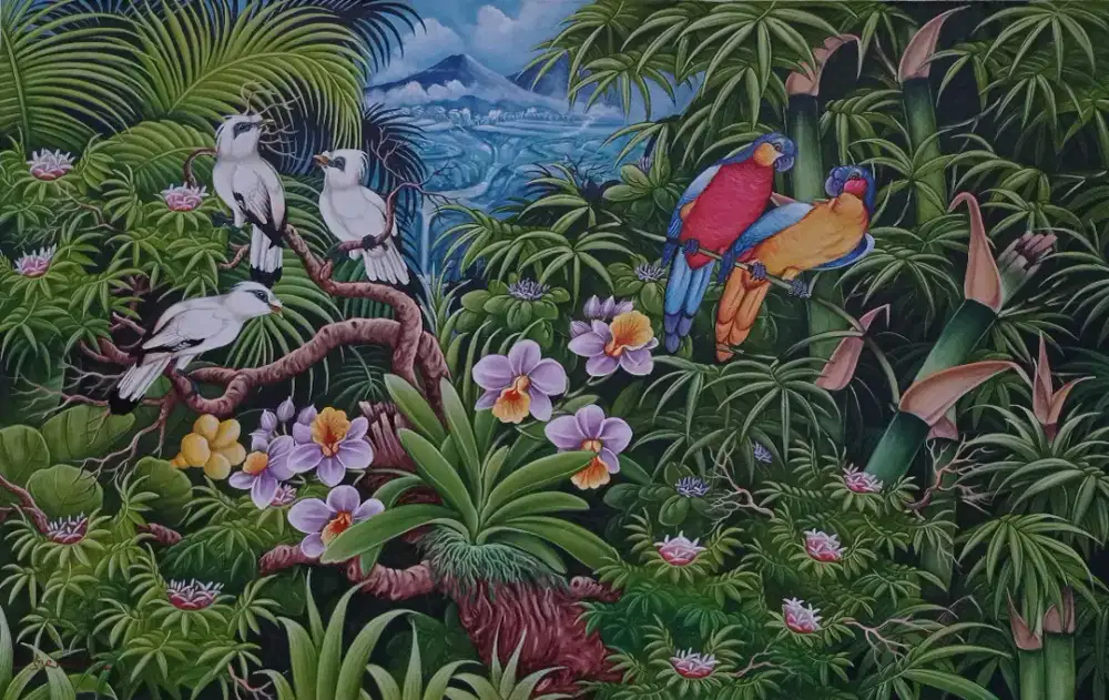 Lukisan burung jalak putih asli buatan tangan diatas kanvas 1