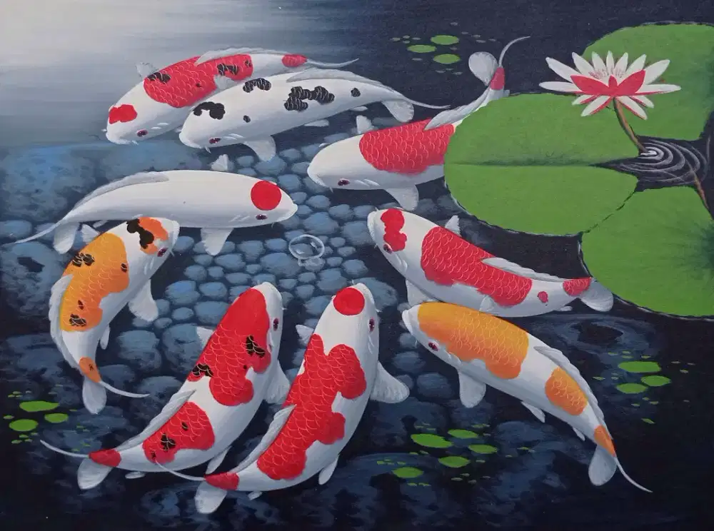Lukisan ikan koi asli buatan tangan diatas kanvas 3