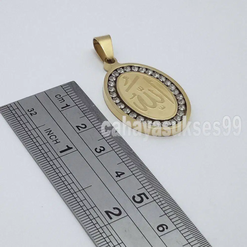 Liontin Titanium Stainless Gold Diamond Allah Kaligrafi 3cm Oval LAGD3