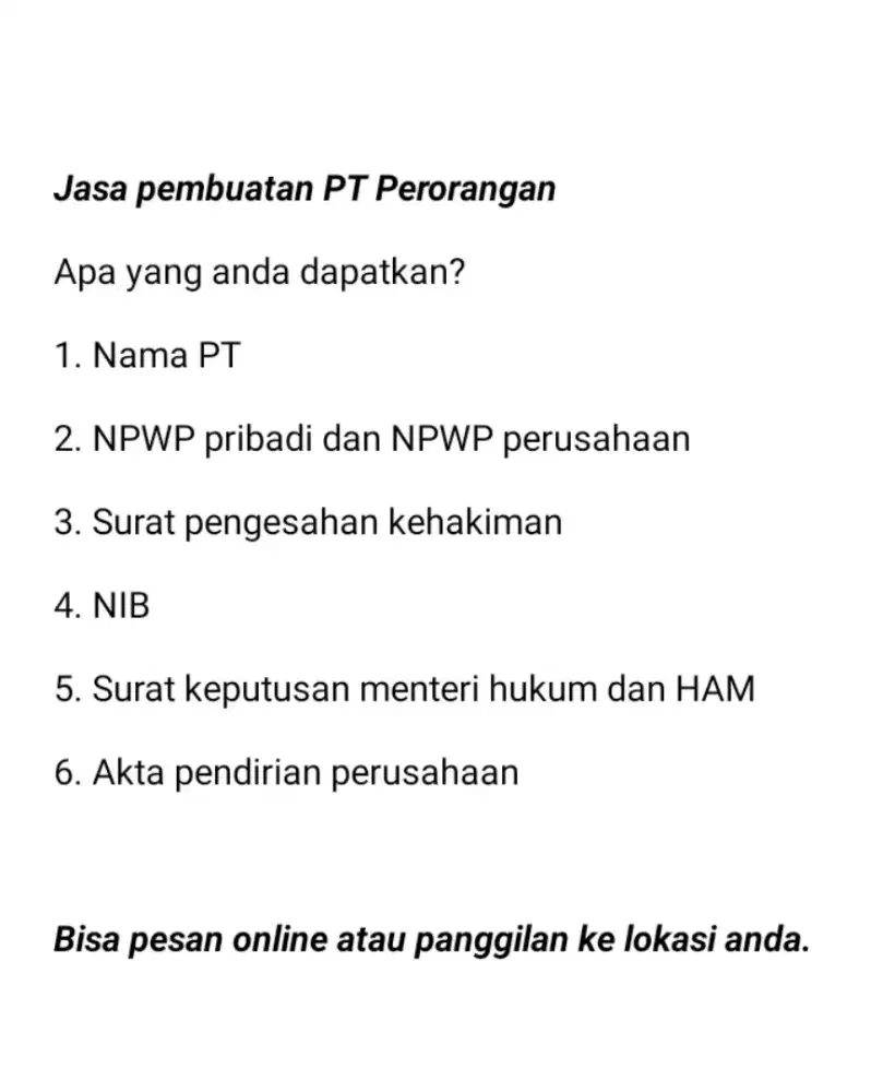 Jasa Pembuatan PT Perorangan