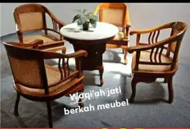 Kursi teras tamu betawi Lenong rotan meja marmer k 4, kayu jati tua