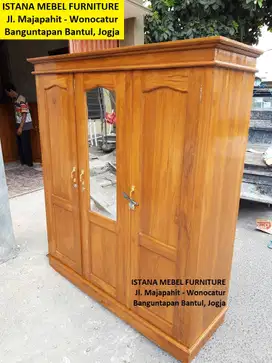 Almari Lemari Kaca Hanger Gantungan Baju Pakaian 3 Pintu Kayu Jati #SM