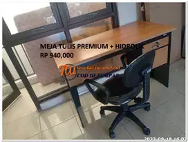 SET MEJA TULIS KANTOR PREMIUM LAPISAN MILAMIN + SET KURSI HIDROLIK