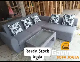 Paket Hemat Sofa L Putus Bahan Kain Motif 1 set Meja dan Puff
