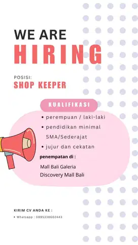 di cari shop keeper/ spg penjaga toko sendal