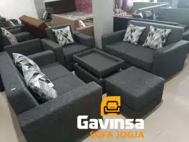 Sofa Tamu 2-2-1 Meja + Puff Kotak, Bahan Kain Kimy Silver Black