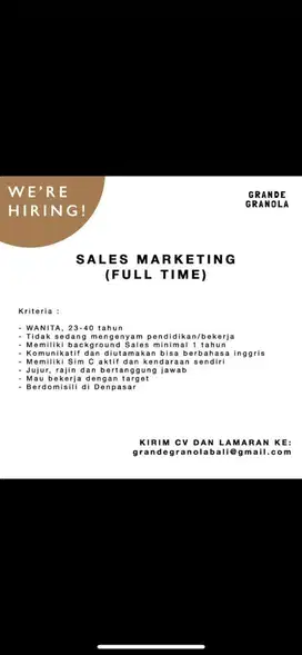 Dicari Sales team untuk Grande Granola